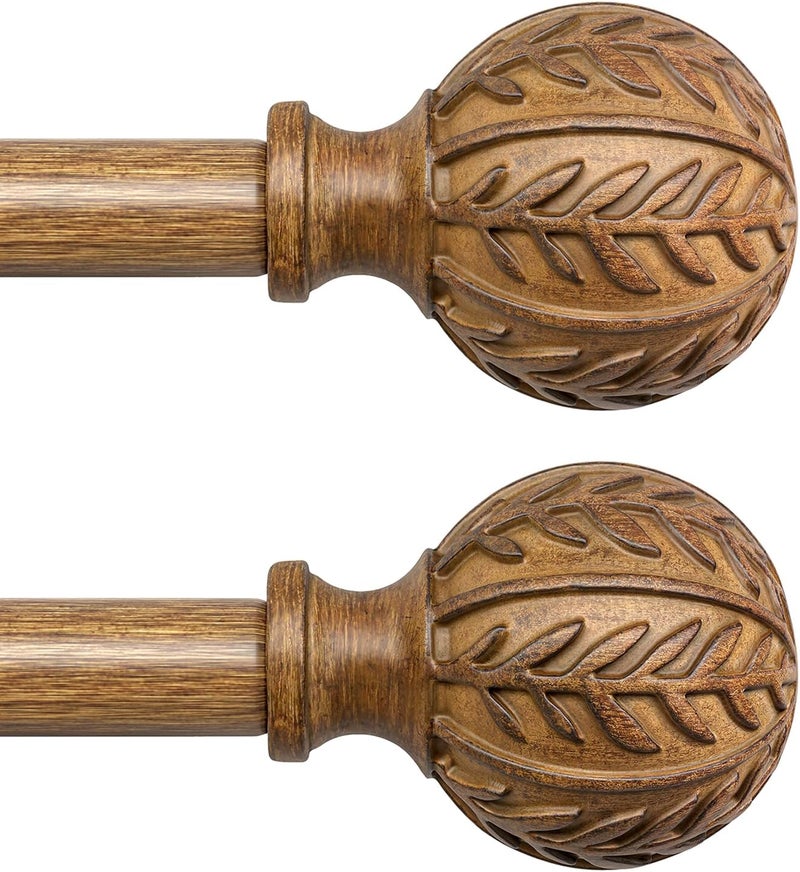 QDWIS 2 Pack Wood Curtain Rods for Windows 28 to 48 Inch, 1'' Adjustable Decorative Drapery Rods with Imitation Wood Grain Leaf Pattern Finials, Boho Heavy Duty Window Curtain Rods Set 18''-60'' - Image 1